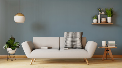 Modern living room interior with sofa and green plants,lamp,table on living .3d renderin.