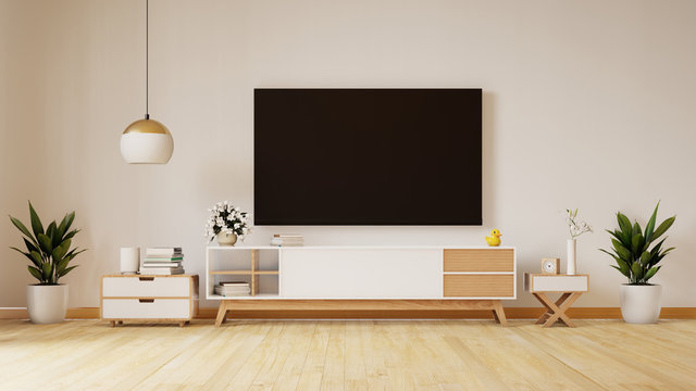 Smart TV on the white wall in living room,minimal design,3d rendering