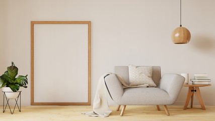 Interior poster mock up with vertical empty wooden frame standing on floor, gray armchair and tree in wicker basket in room with white wall. 3D rendering.