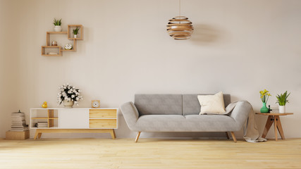 Fototapeta na wymiar Home interior mock up with wicker rattan armchair, beige pillows and green plants in living room with empty white wall. 3D rendering.