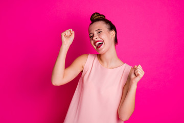 Portrait of cute charming pretty youth millennial have party lipstic lips stick red pomade shout scream delighted wear fashionable modern clothing top-knot she her isolated pink background