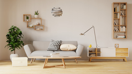 Obraz premium Interior mock up with sofa in living room with white wall. 3D rendering.