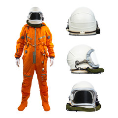 Astronaut with set of helmets isolated on a white background. Cosmonaut wearing space suit with...