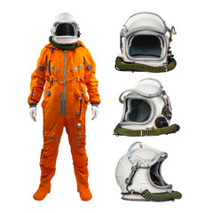 Astronaut with helmets isolated on a white background. Cosmonaut wearing space suit with space helmets on white background © Dmitry Zimin