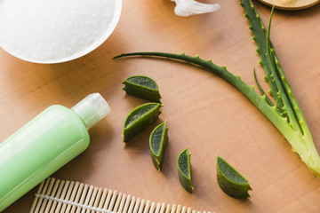 Aloe vera leaves with a beauty cream bottle