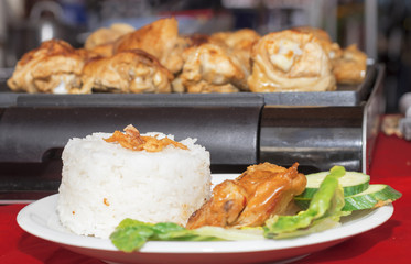 Dish with Indonesian food, grilled chicken meat in Rujak sauce with cucumber, green leaves of lettuce and plain rice. Embassy Street Food Festival in Prague.