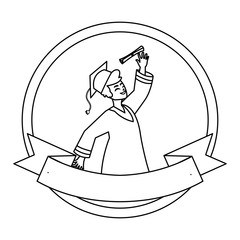 happy student boy graduated celebrating in circular frame