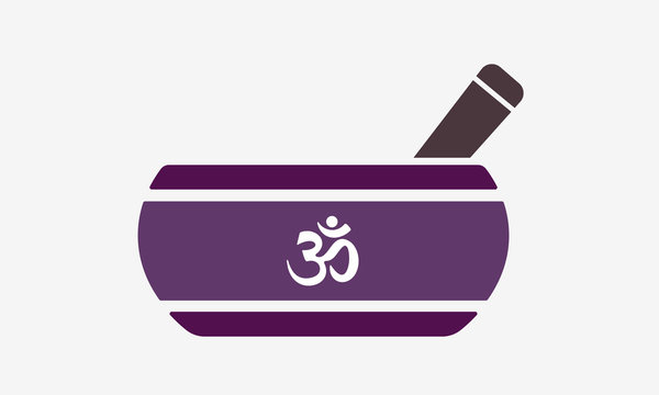 Tibetan singing bowl flat icon with om symbol. Healing music and meditation instrument therapy for relaxation and spirituality.