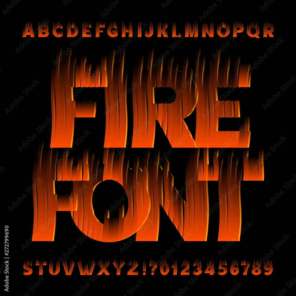 Fototapete fire alphabet font. flame effect type letters and numbers on black background. stock vector typescri