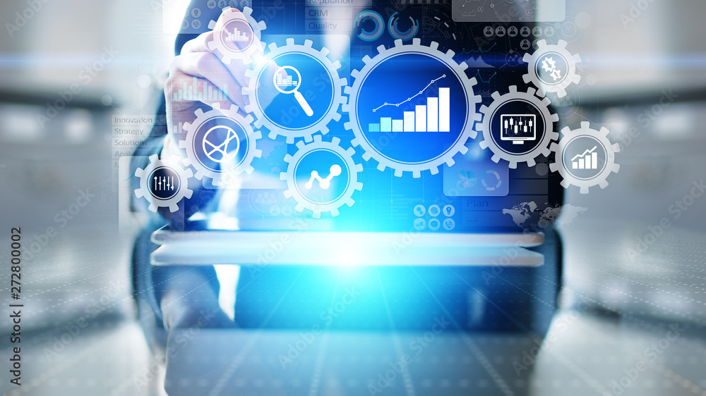 Poster big data analysis, business process analytics diagrams with gears and icons on virtual screen.