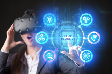 The concept of business, technology, the Internet and the network. A young entrepreneur working on a virtual screen of the future and sees the inscription: Customer journey