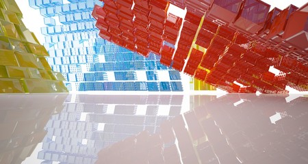 Abstract white and colored interior multilevel public space with window. 3D illustration and rendering.