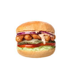 fastfood burger with fried shrimps and vegetables front view on white background isolated close up