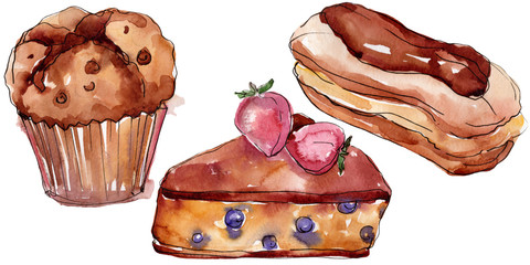 Tasty cake and bun sweet dessert. Watercolor background set. Isolated desserts illustration element.