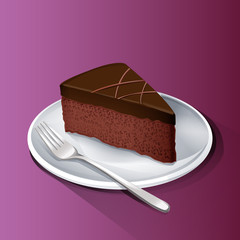 A piece of chocolate cake on white plate and fork
