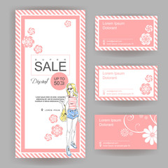 Layout for a big sale in fashion shop with business card. Drawn fashion elegant girl in stylish clothes.