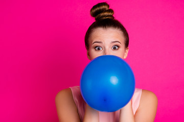 Close up photo of nice pretty lovely millennial inflate ballon have free time positive cheerful funny funky student wear fashionable modern clothes isolated bright colorful background
