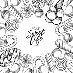 Hand drawn set of sweet candies. Twisted caramel lollipops, candy cane, macarons, donut. Vector food label template. Use for restaurant, menu, party decorating, flyer, banner. Sugar Halloween dessert.