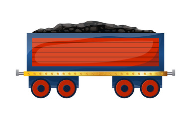 Cute cartoon wagon with coal. Colored trolley isolated on white background. Vector illustration.
