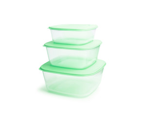 Plastic food storage containers isolated on white background