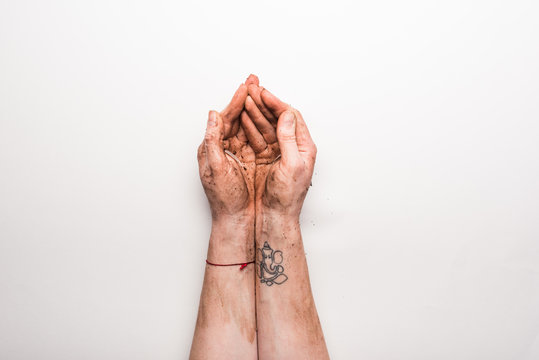 Cropped View Of Woman With Dirty Hands On White