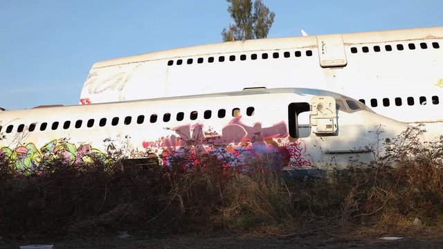 Locked Off Time Lapse Aircraft Graveyard, Fuselage Airliner Parts