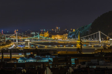 Illuminated bridges of Budapest at night.