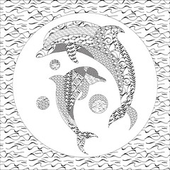 Coloring pages with Dolphin, zentangle illustration for kids and adults coloring book or tattoo with high detail isolated on white background. Vector monochrome cute Dolphin sketch. Mom and baby.