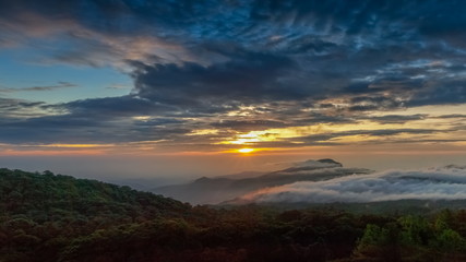 Fototapeta premium sunrise at Doi Inthanon, Km. 41 view point, mountain view misty morning on top hill panorama 180 degrees with sea of mist in valley and yellow sun light in the sky background, Chiang Mai, Thailand.