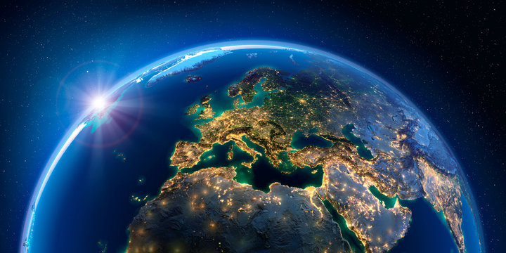 Planet Earth at night with the rising sun with the light of cities illuminating a detailed exaggerated relief. Europe. 3D rendering. Elements of this image furnished by NASA