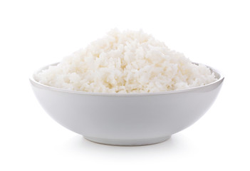 Rice in a bowl on a white background. full depth of field