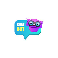 cute chatbot character or intelligent assistant with speech bubble isolated on white background. Vector Funny robot assistant, chatter bot, helper chatbot logo or label