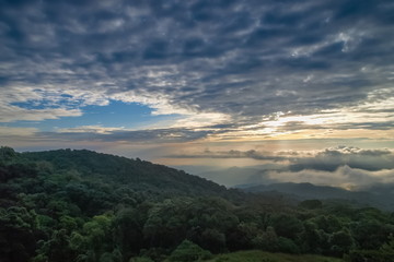 The eye of clouds shape heart, view center of Stratocumulus clouds shape heart above top hill with yellow sun light in the sky background, sunrise at Doi Inthanon, Chiang Mai, Thailand.