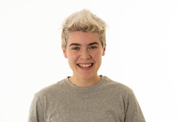 Portrait of attractive cheerful transgender young man with smiling happy face. Human expressions...