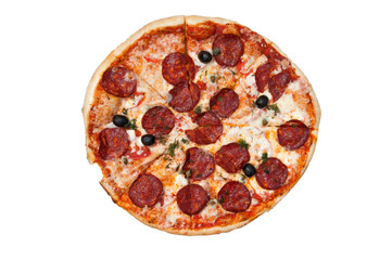 Italian pizza on white background top view