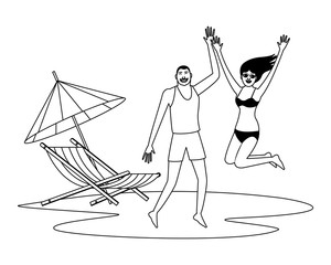 Fototapeta premium Happy couple in summer cartoons in black and white