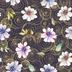 watercolor flowers and leaves hand drawn illustration gold ink circles on gray textured background seamless pattern, for use in design, textiles, Wallpaper, wrapping paper