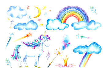 Unicorn,stars,magic wand and rainbow.Sketch.Watercolor hand drawn illustration.White background.