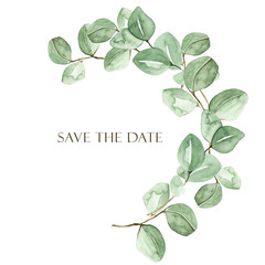 Watercolor branch with eucalyptus. Perfect for cards, wedding invitation, posters, save the date or greeting design. Summer flowers with space for your text.  © ArtMaslyana