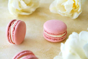 Feminine composition with traditional french macarons sweets and tender bicolor tulip flowers on yellow concrete textured background. Top view, close up, copy space.