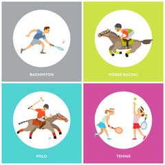 Badminton and polo, horse racing and tennis round icons, sporty people running or playing with racket and ball, men wearing helmet, competition vector