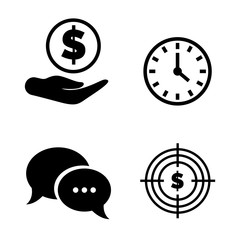 Hours and dollar target, message symbol, black finance object in flat design style, hands with money, round clock, commercial element, technology vector