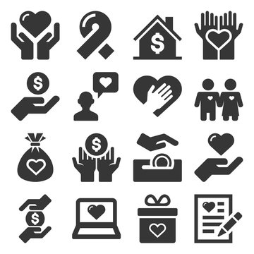 Charity and Donation Icons Set on White Background. Vector