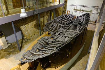 The famous Kyrenia ship, a wreck of a 4th-century BC Greek merchant ship in the museum of the...