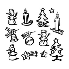 Christmas decorations, trees, stars, candles and snowman, set of black and white icons