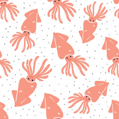 Cute hand drawn squids seamless pattern