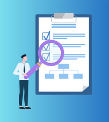 Man holding big loupe and looking at paper with check marks near completed items flat vector. Person with magnifier, plan of targets and strategy