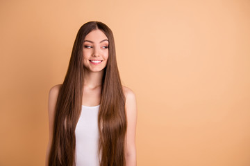 Close-up portrait of her she nice-looking attractive lovely sweet well-groomed cheerful cheery lady strength effect keratin repair nourishing restore isolated over beige pastel background