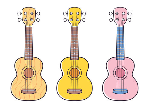 Ukulele isolated, wooden, yellow and pink colors.