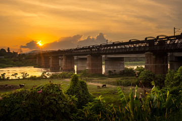 Beautiful sunset and landscape of a bridge